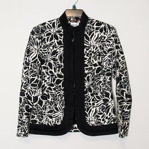 CHICO'S Black/White Floral Slim Fit Long Sleeve Casual Career Blazer; Size 8